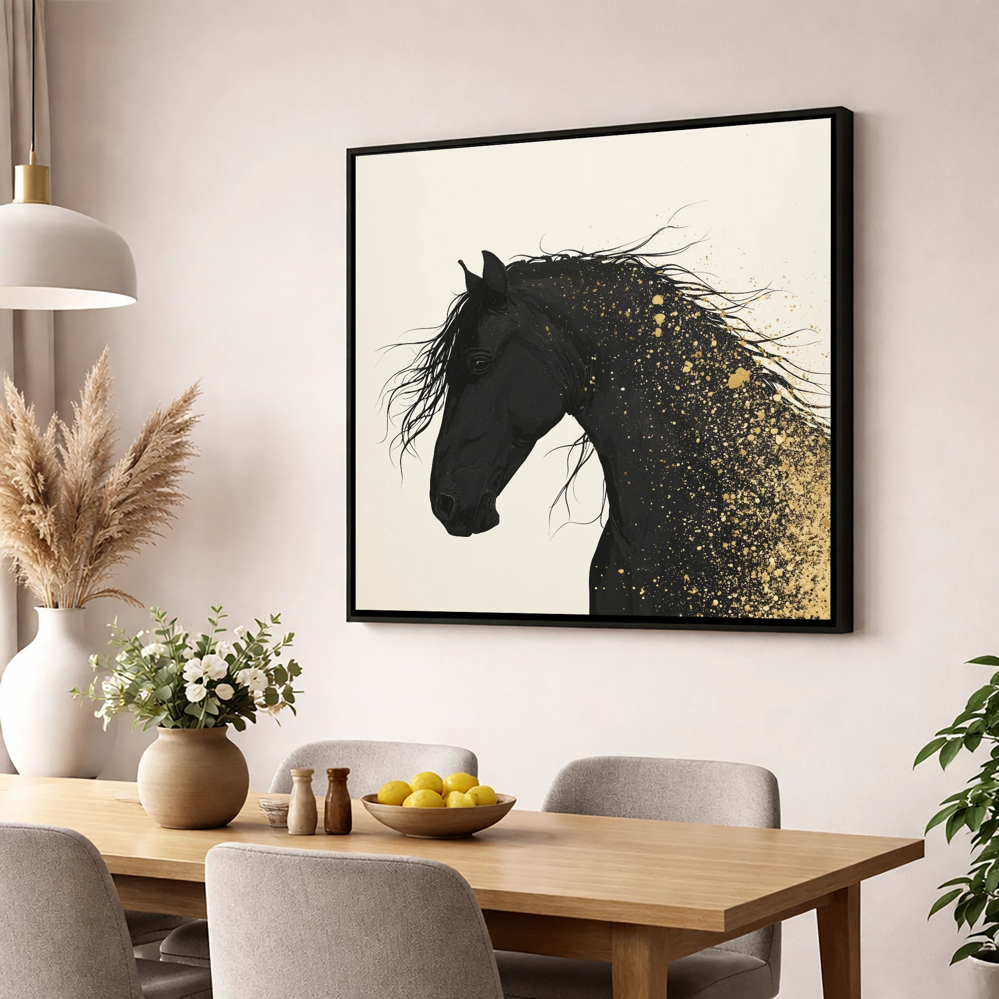 Gilded Midnight horse breed wall art displayed in a dining room