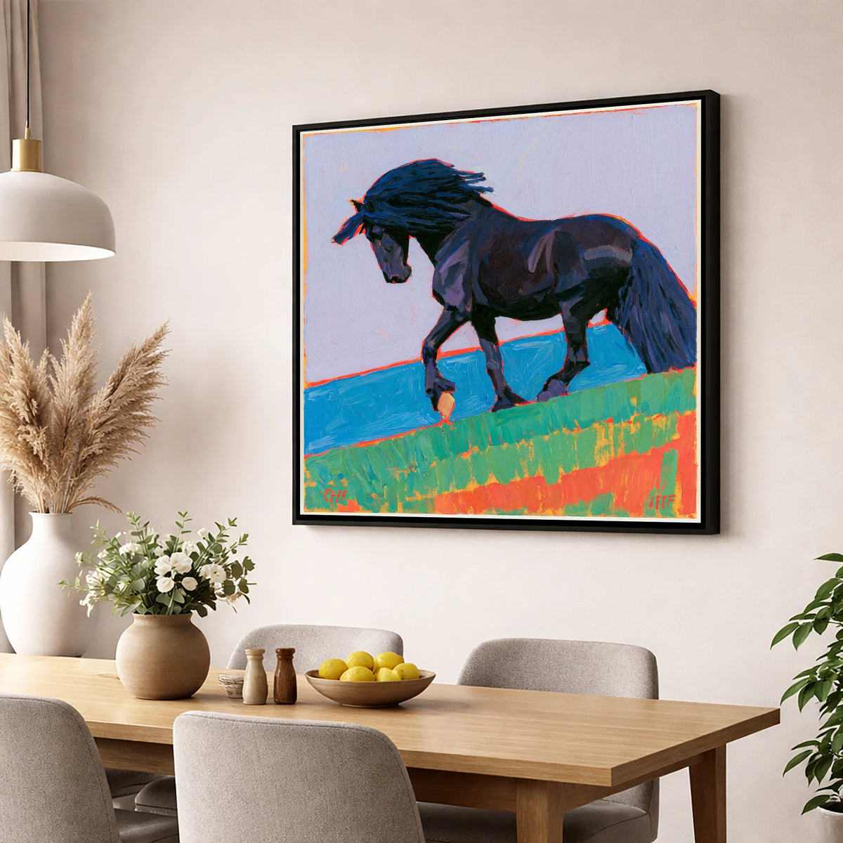 Black Friesian in Bold Landscape horse breed wall art displayed in a dining room