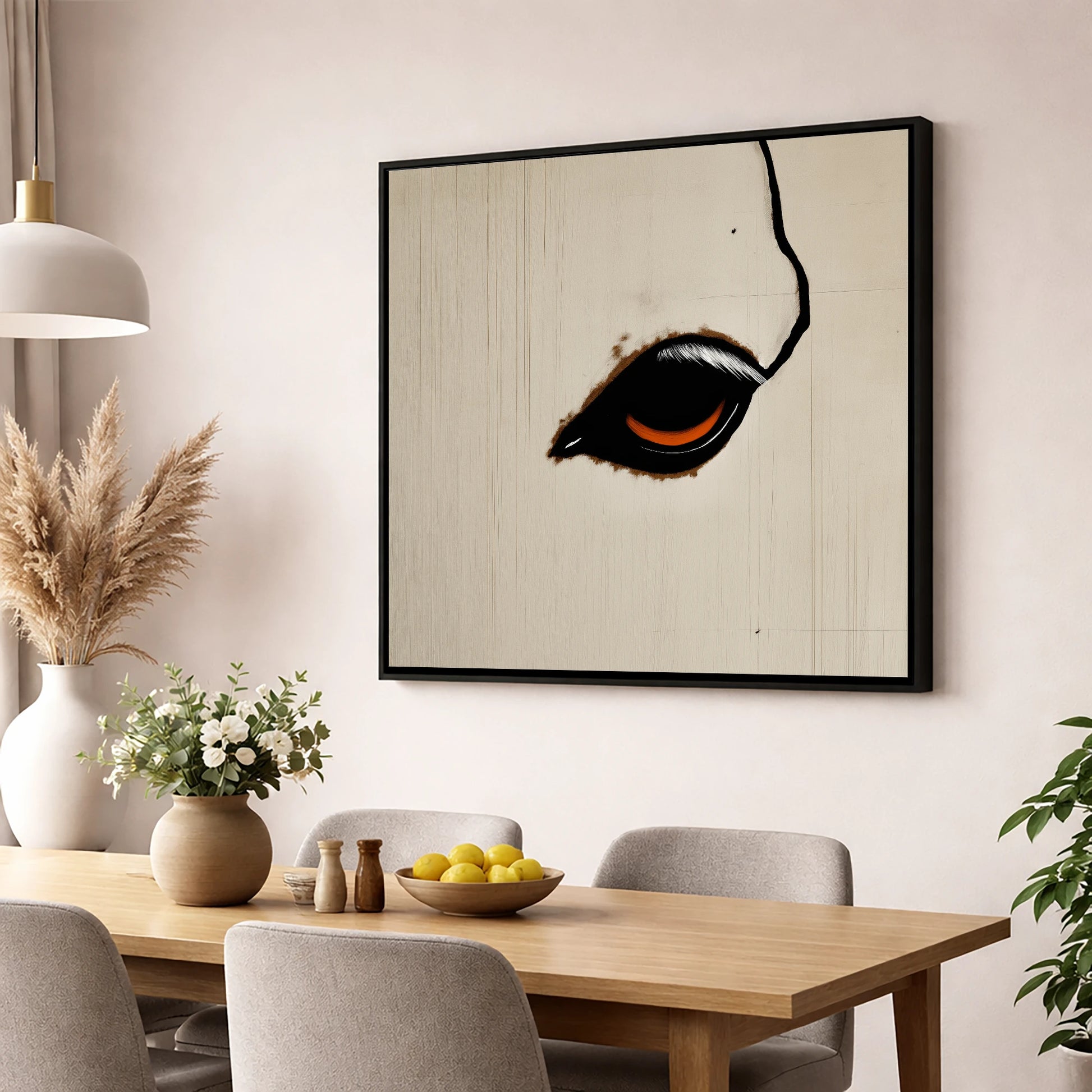 The Amber Gaze horse portrait wall art displayed in a dining room