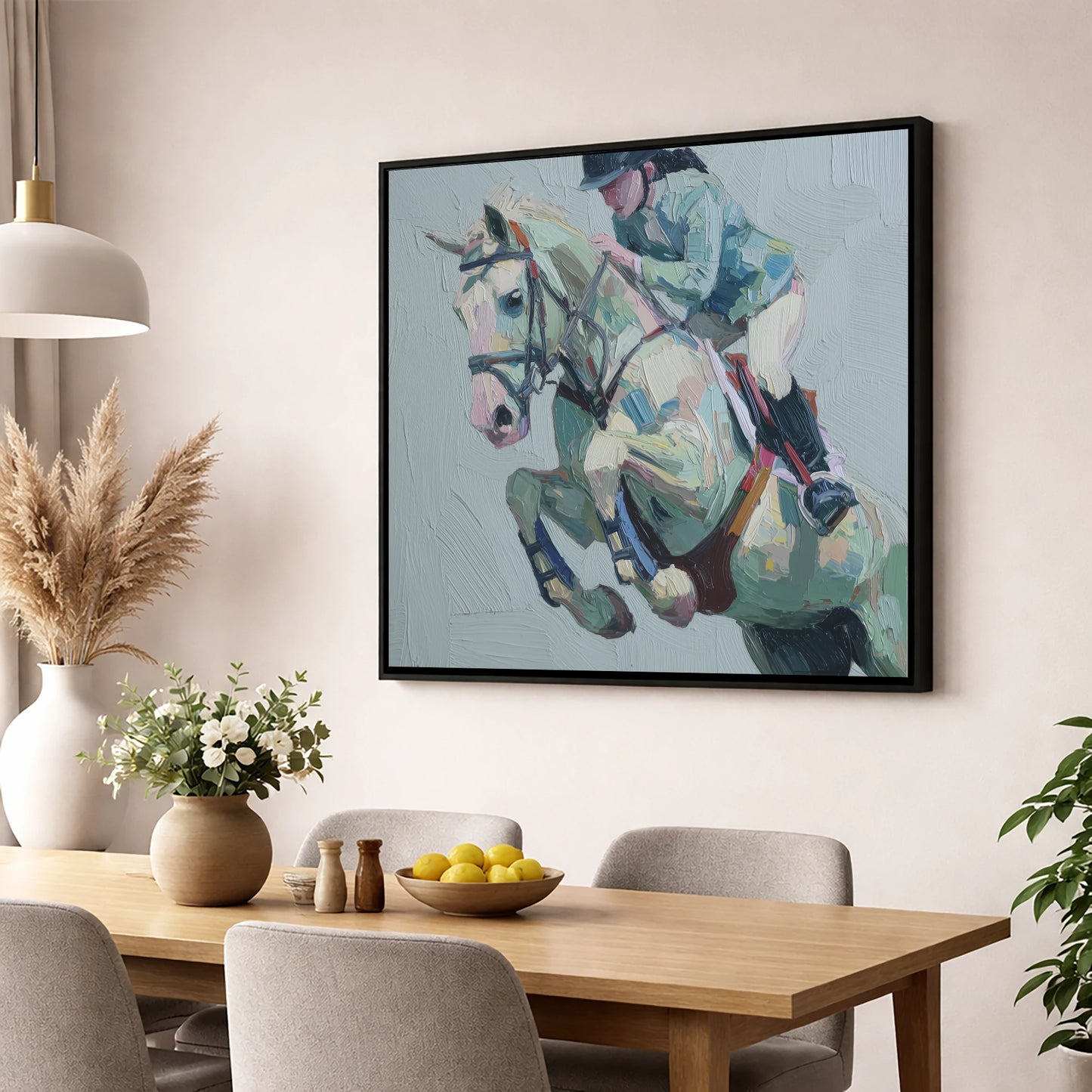 Pastel Flight Mid-Air show jumping horse wall art displayed in a dining room
