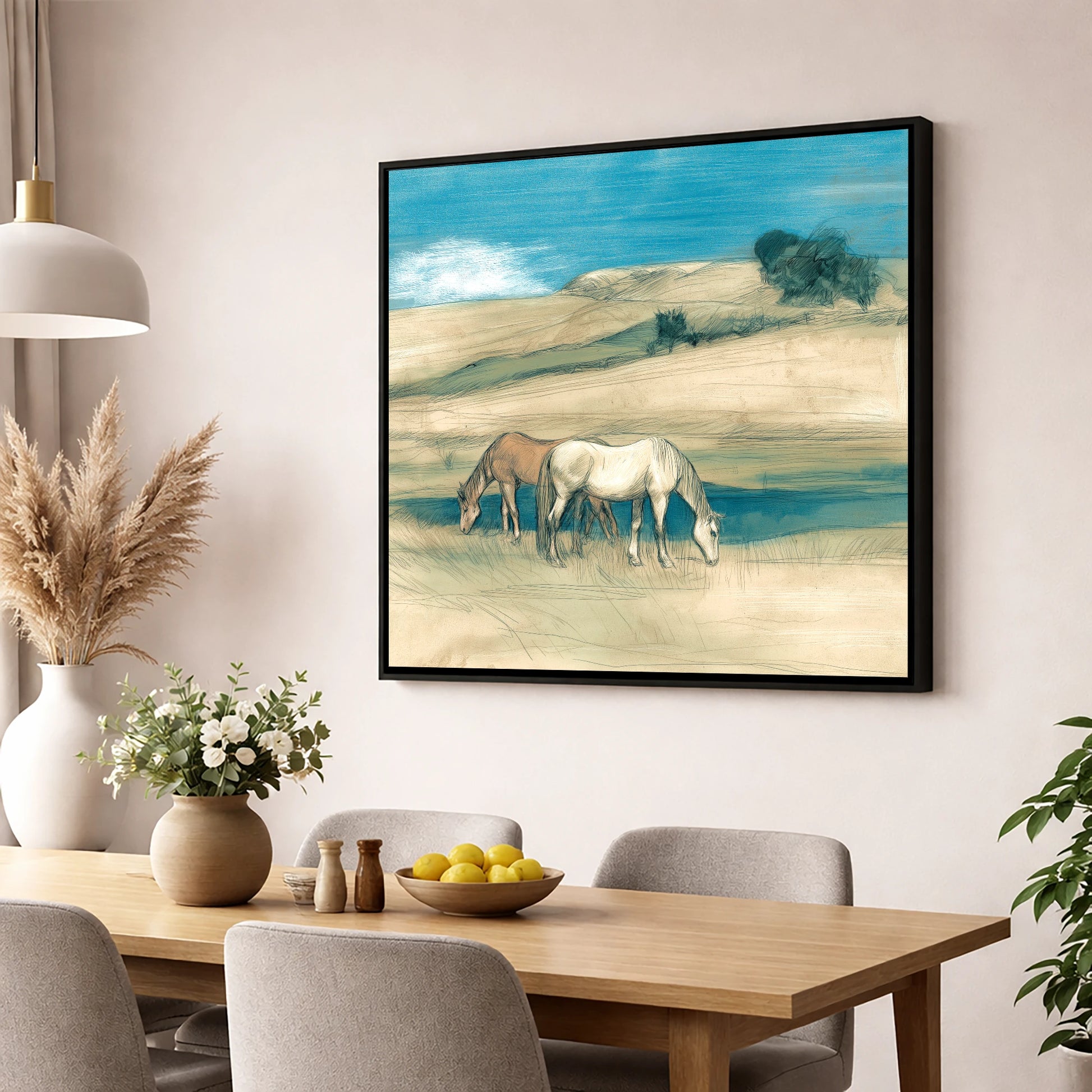Grazing Beneath Teal Skies horse landscape wall art displayed in a dining room