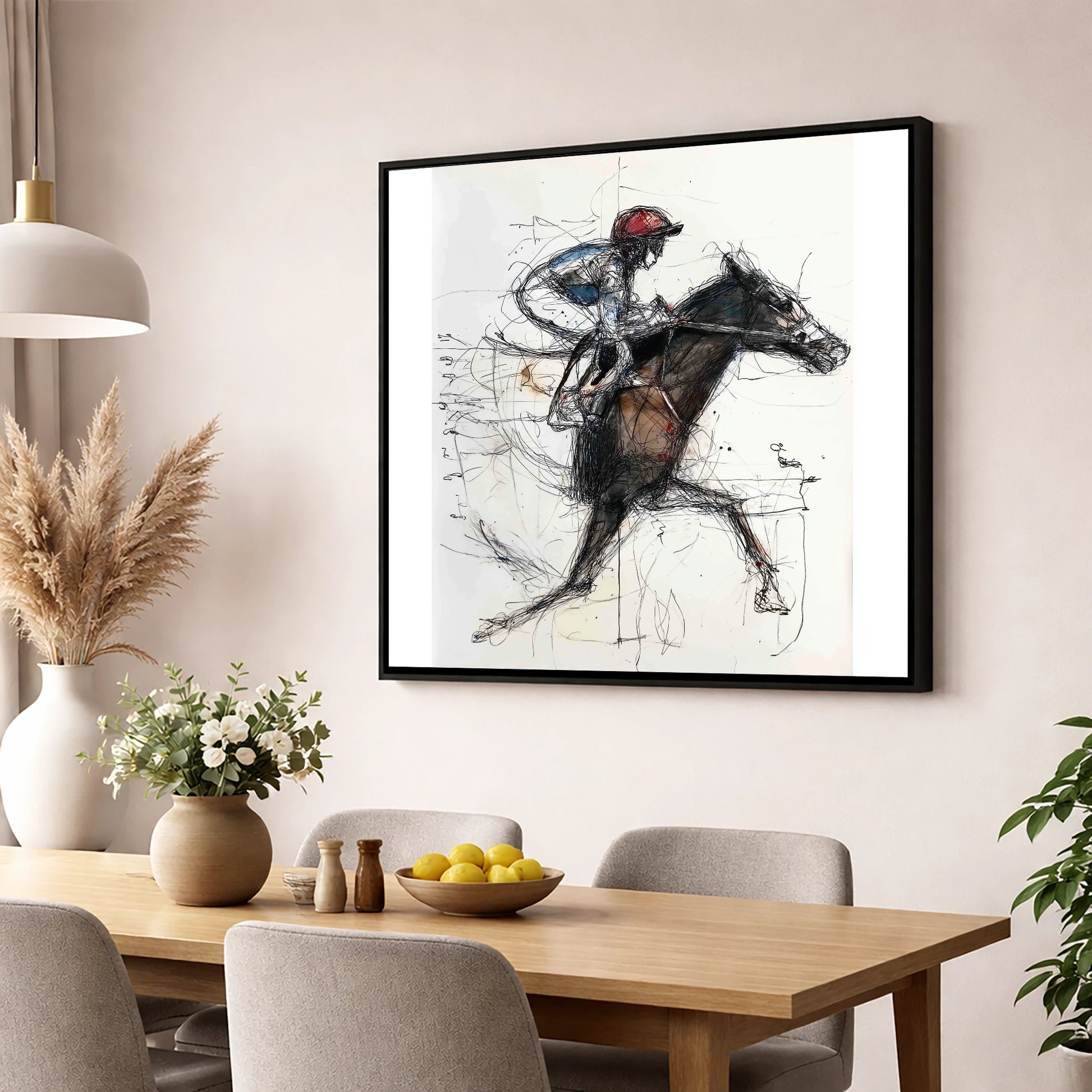At Full Stretch racing horse wall art displayed in a dining room