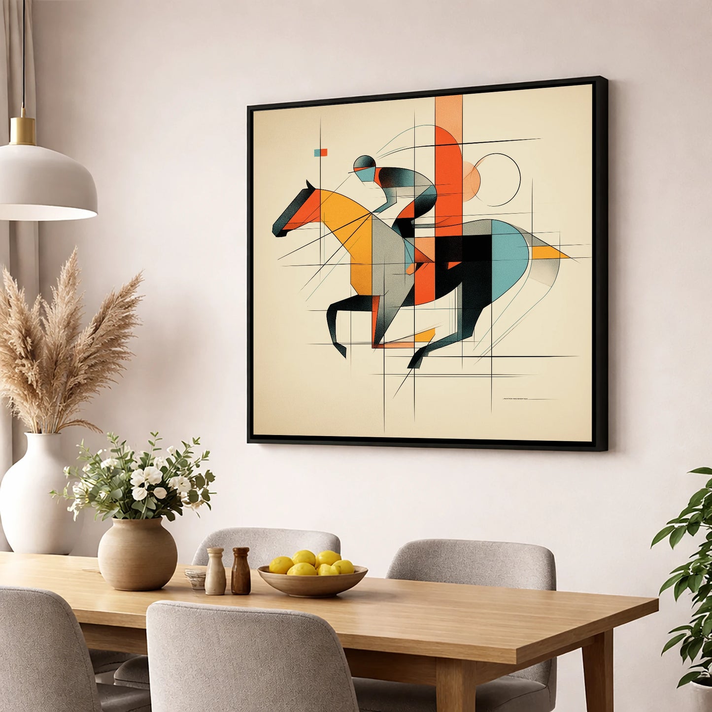 Geometric Racing Form racing horse wall art displayed in a dining room