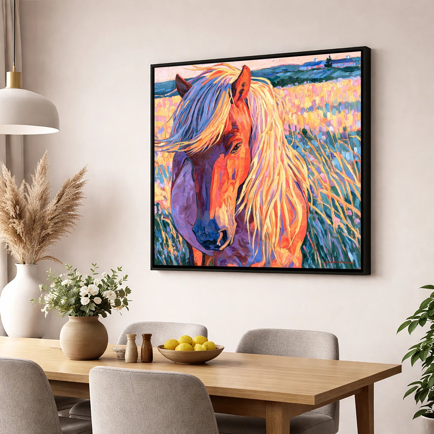 Vivid Horse With Flaxen Mane horse breed wall art displayed in a dining room