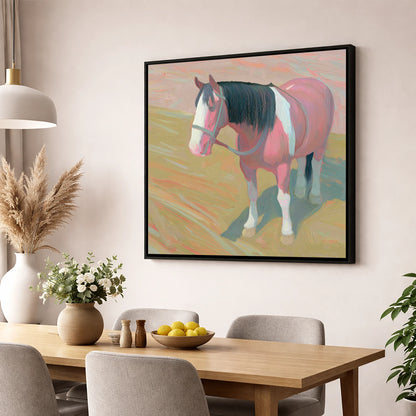 The Gentle Skewbald working horse wall art displayed in a dining room