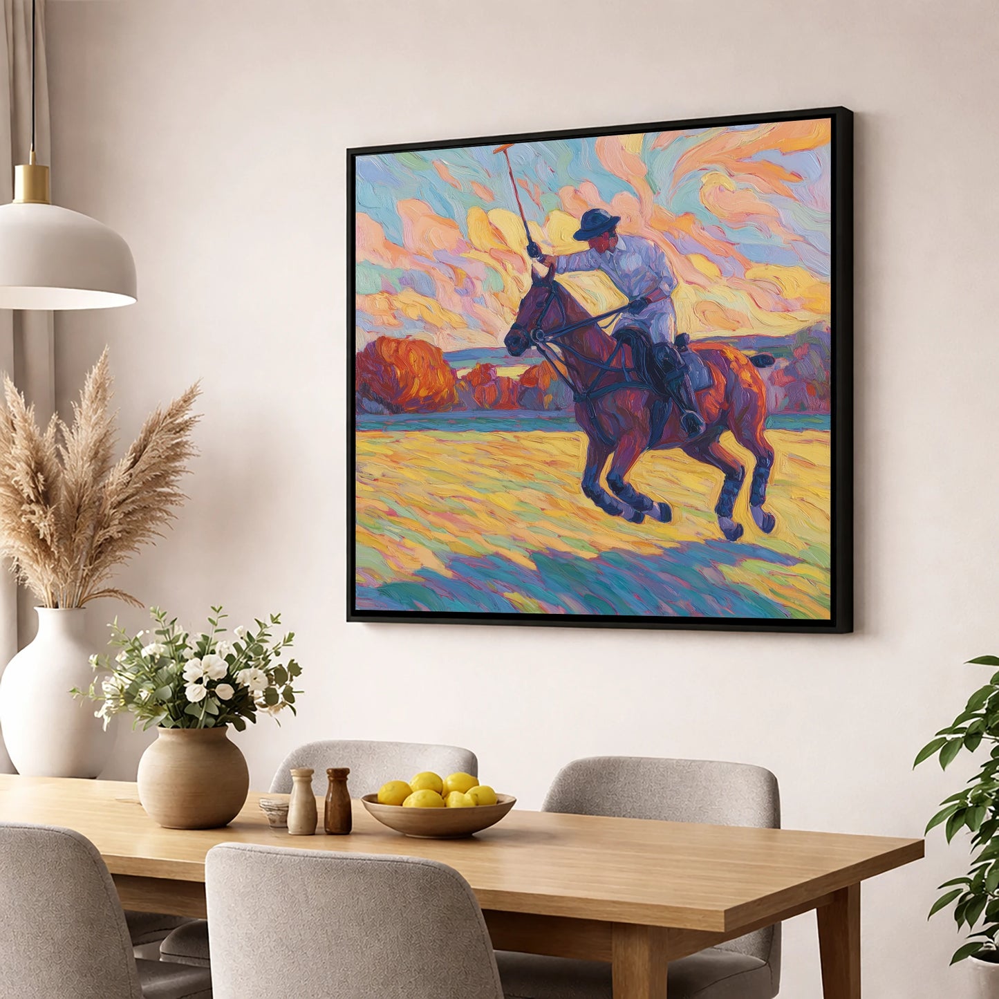 The Final Chukka polo horse wall art displayed in a dining room