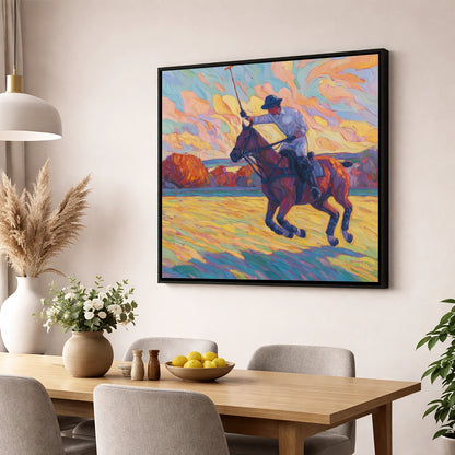 The Final Chukka polo horse wall art displayed in a dining room