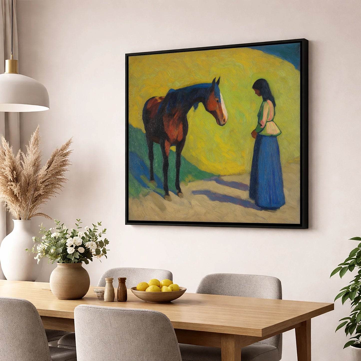 Vibrant Connection horse & rider wall art displayed in a dining room