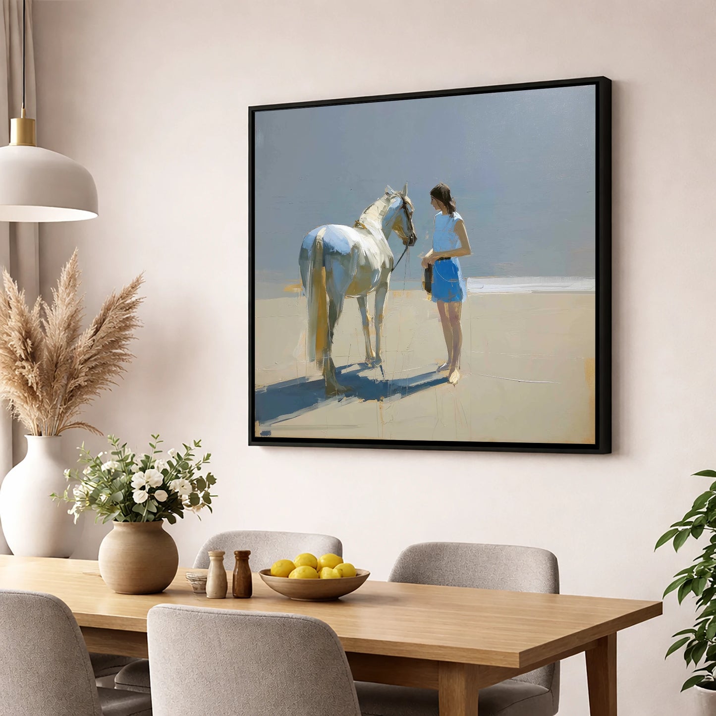 Sunlit Serenity in Blue horse & rider wall art displayed in a dining room