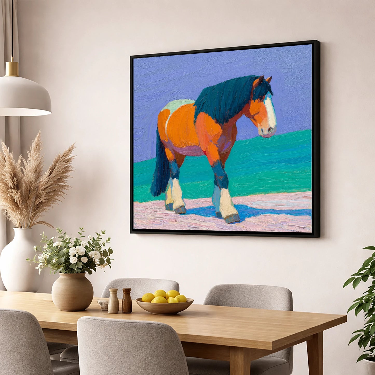 Vibrant Heavy Horse working horse wall art displayed in a dining room
