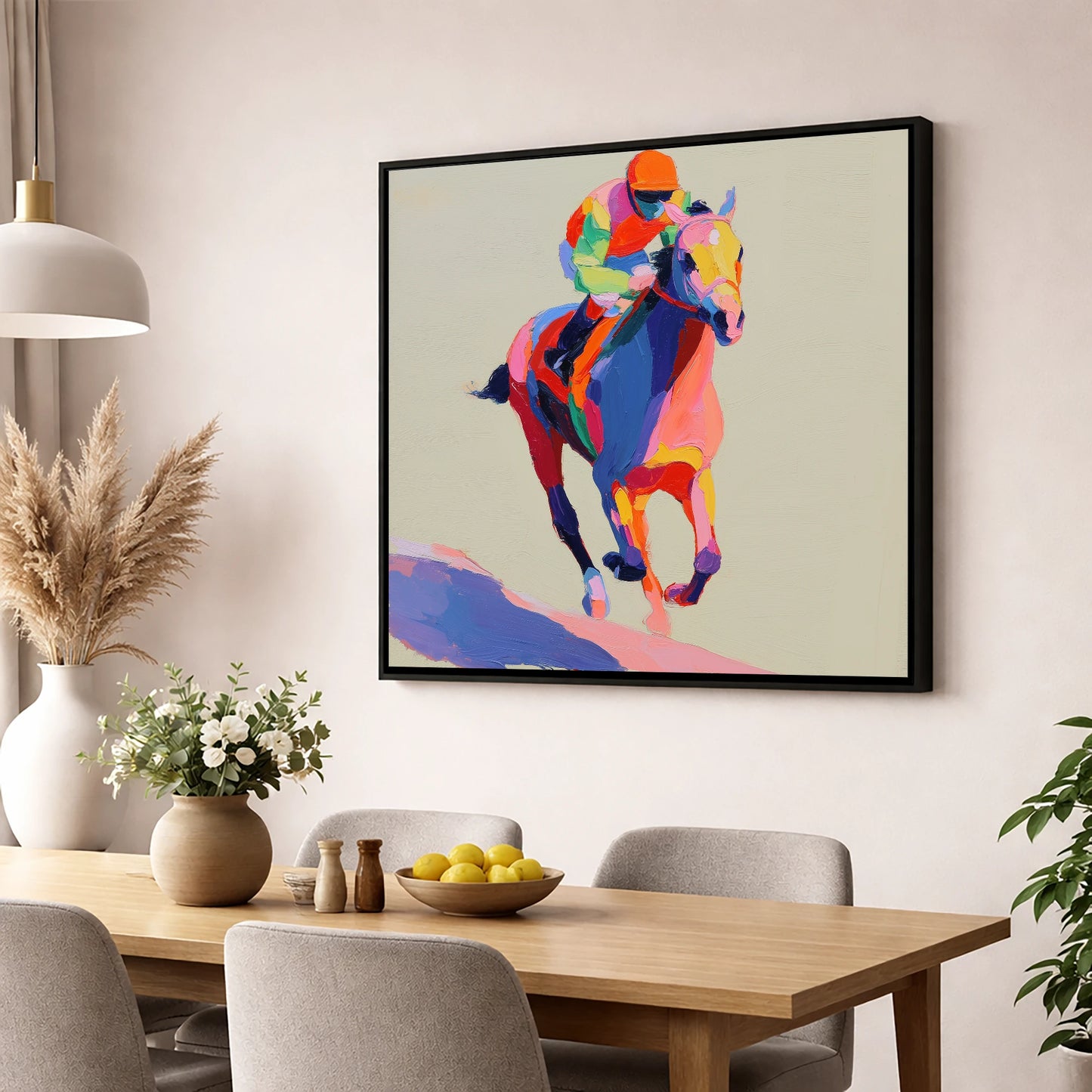 The Colour of Speed racing horse wall art displayed in a dining room