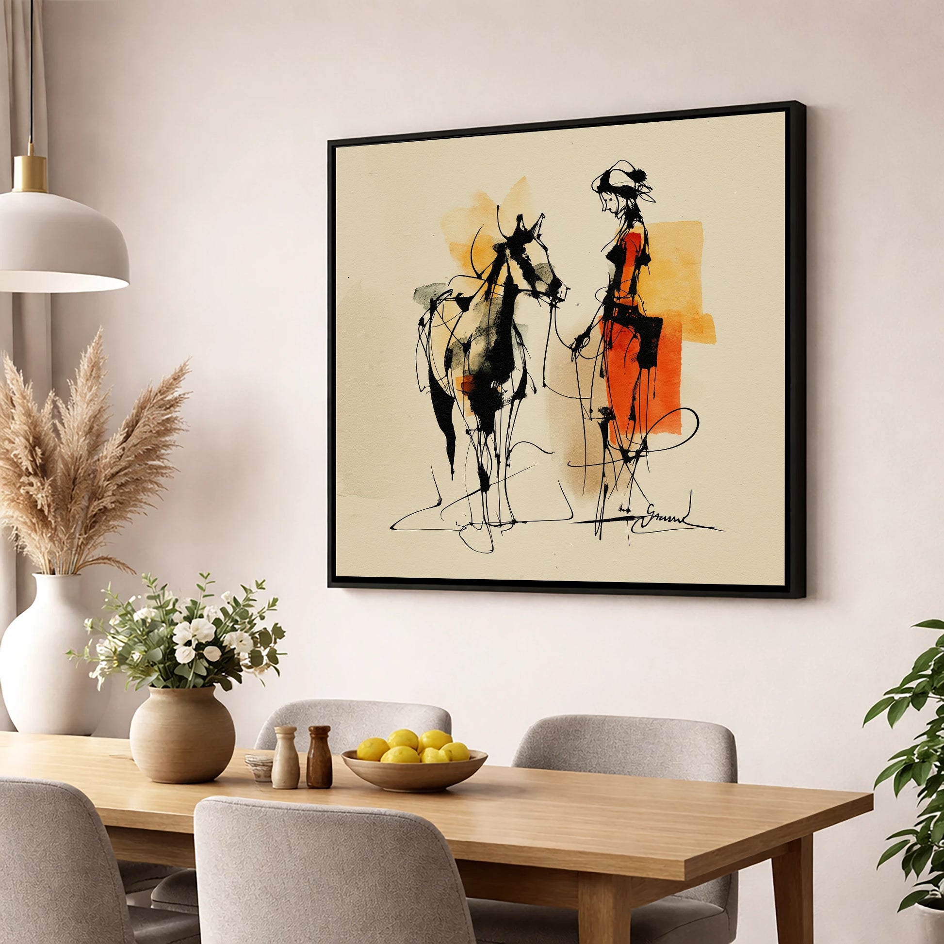 Tethered in Amber horse & rider wall art displayed in a dining room