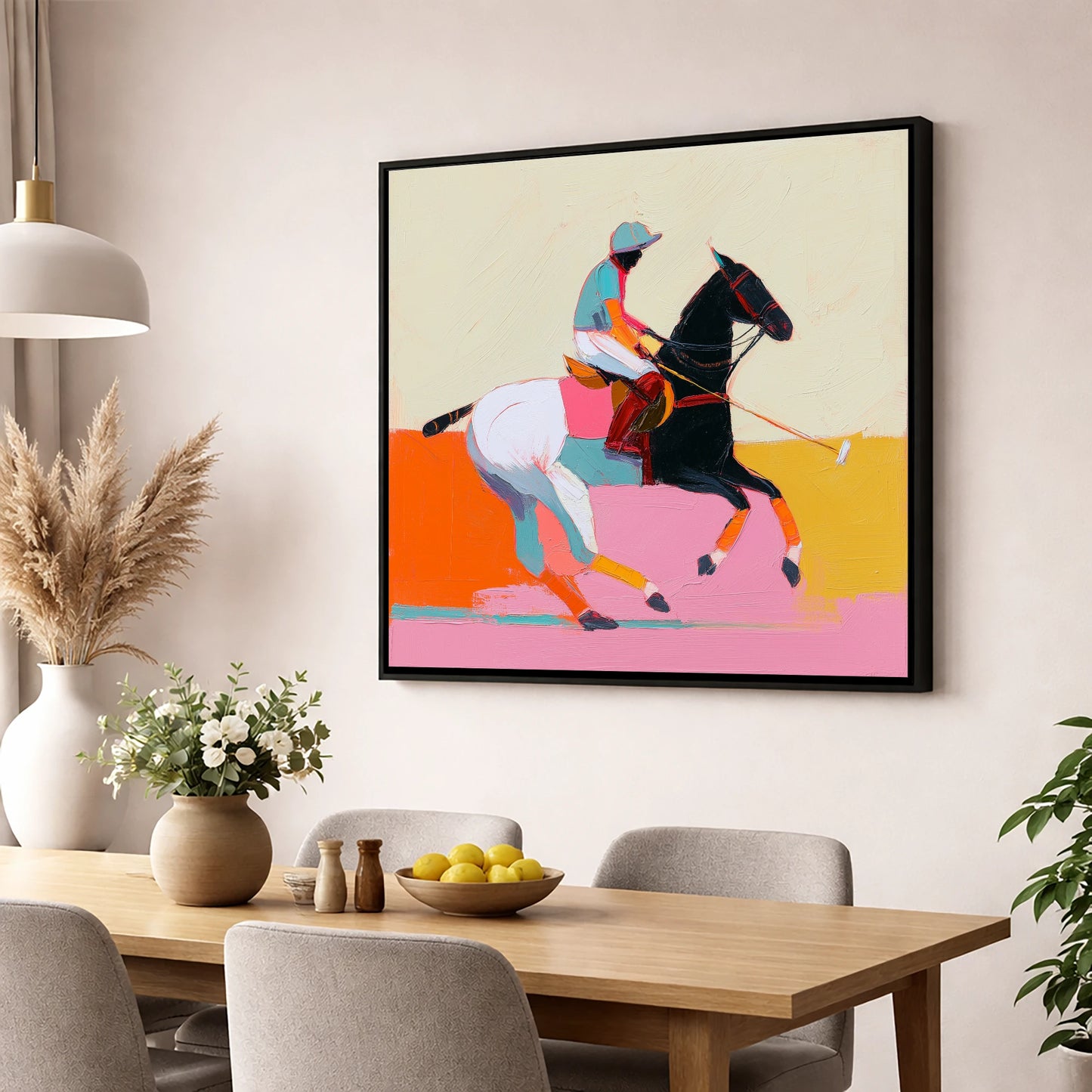 Vivid High Goal polo horse wall art displayed in a dining room
