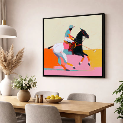 Vivid High Goal polo horse wall art displayed in a dining room
