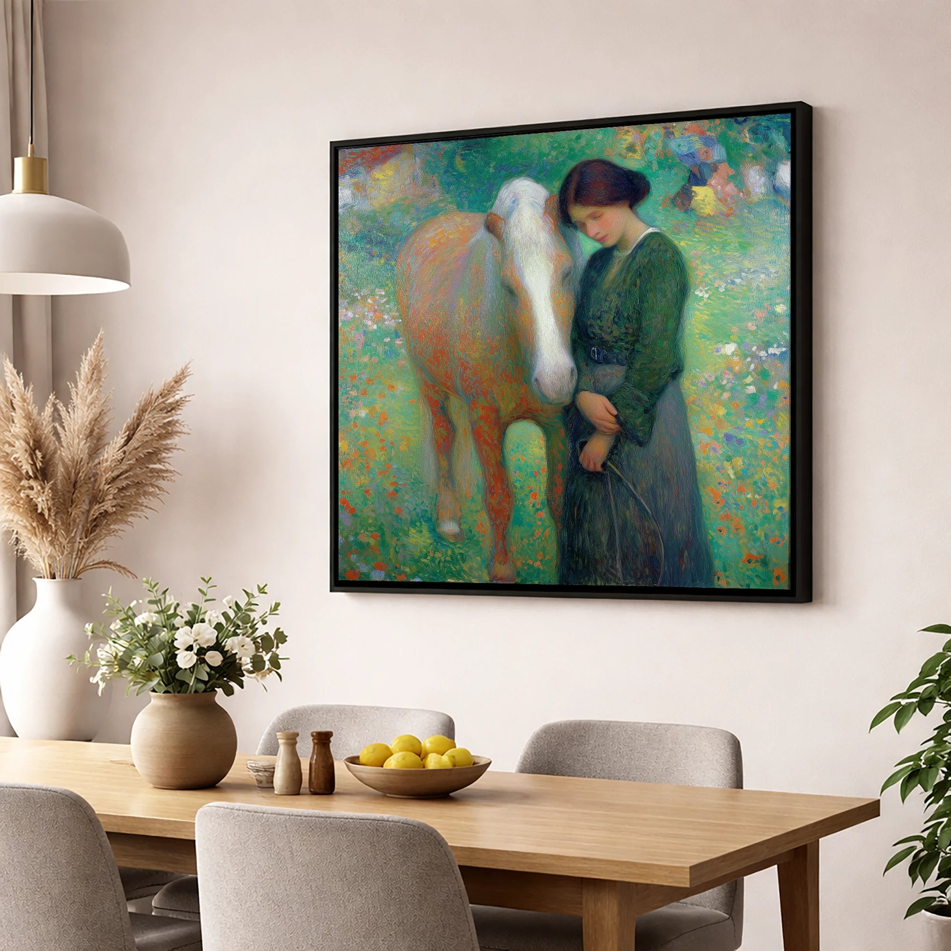 Meadow's Embrace horse & rider wall art displayed in a dining room