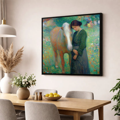 Meadow's Embrace horse & rider wall art displayed in a dining room
