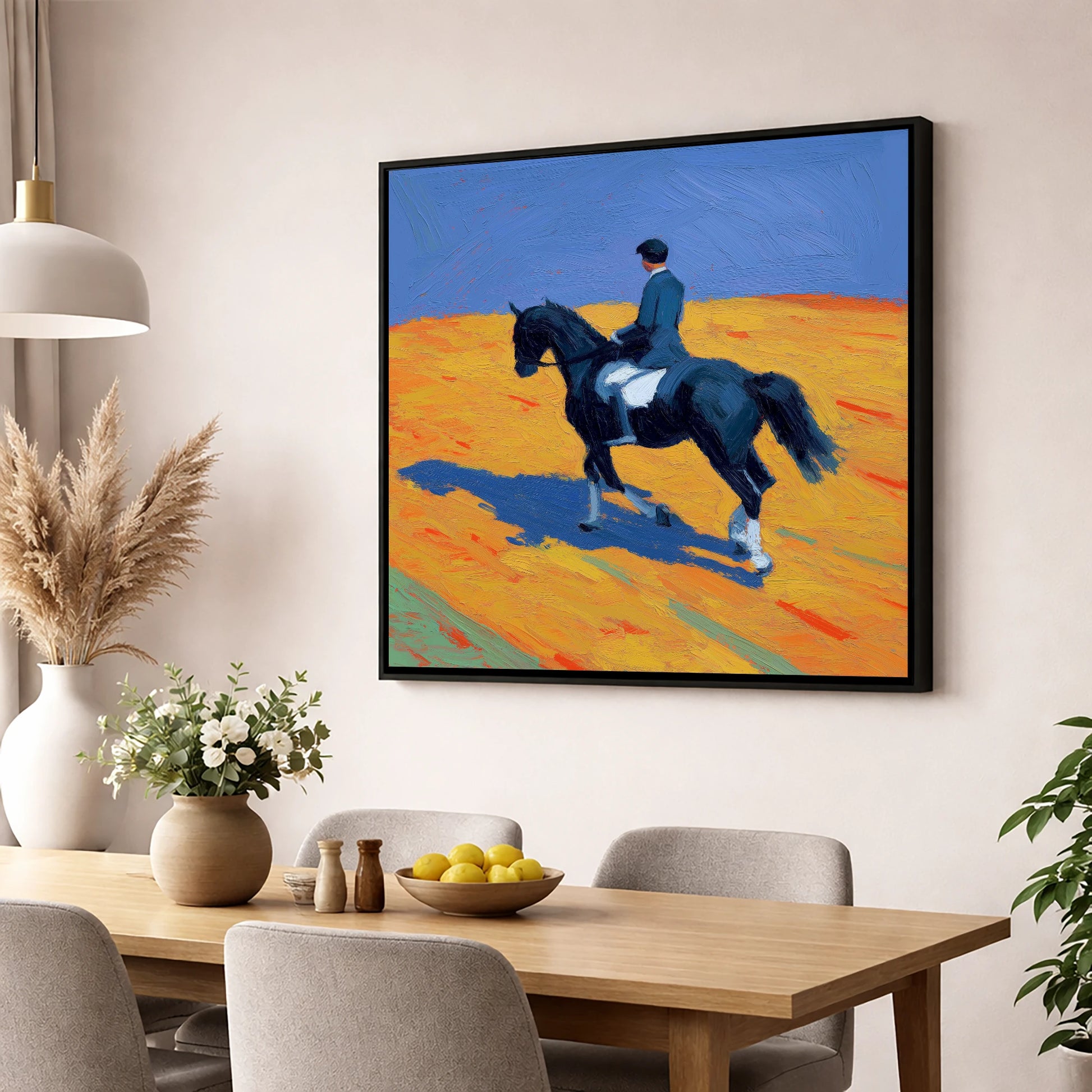 Vibrant Dressage Cadence dressage horse wall art displayed in a dining room