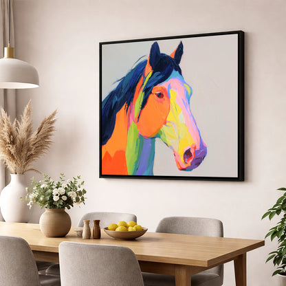 Technicolour Equine Profile horse portrait wall art displayed in a dining room