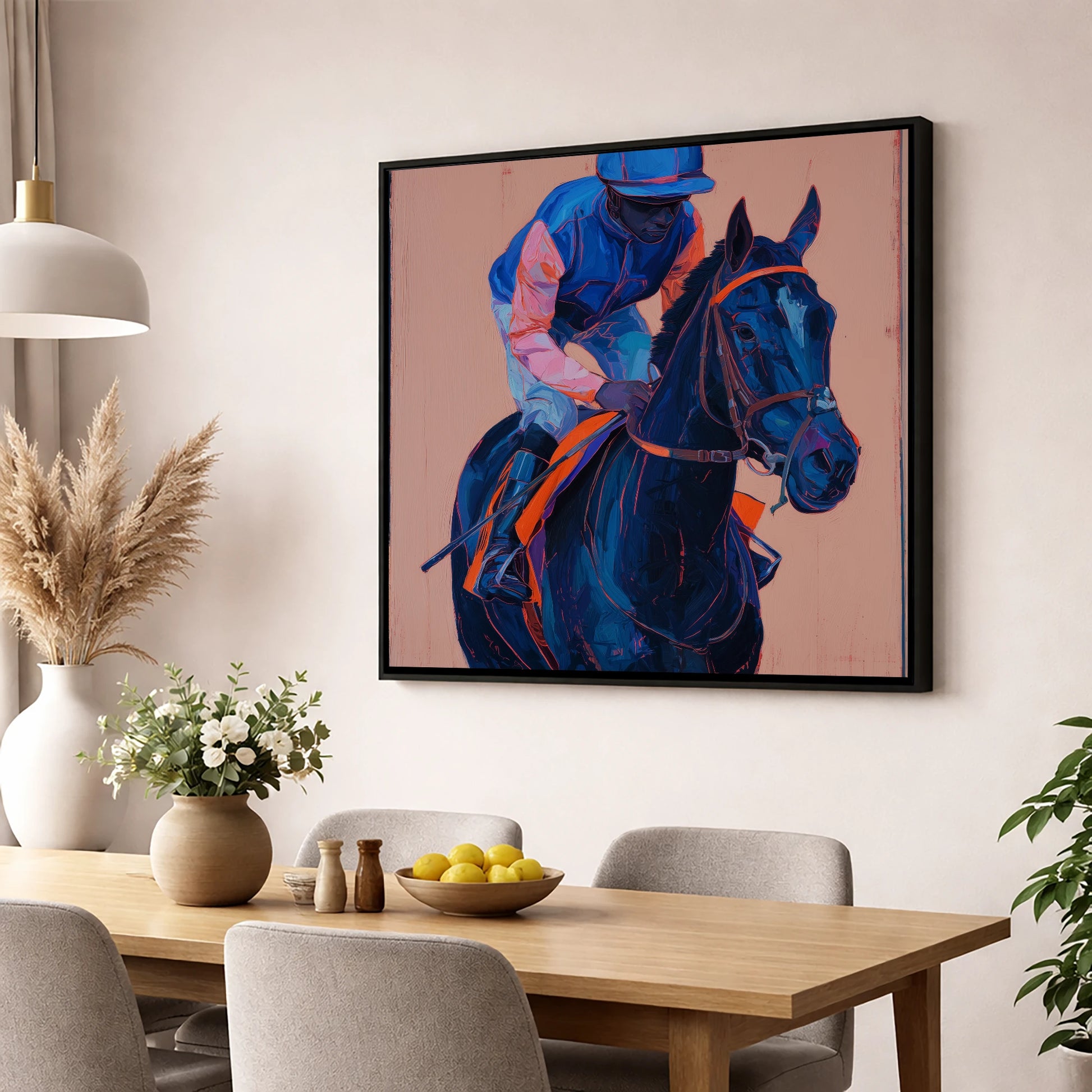 The Indigo Favourite racing horse wall art displayed in a dining room