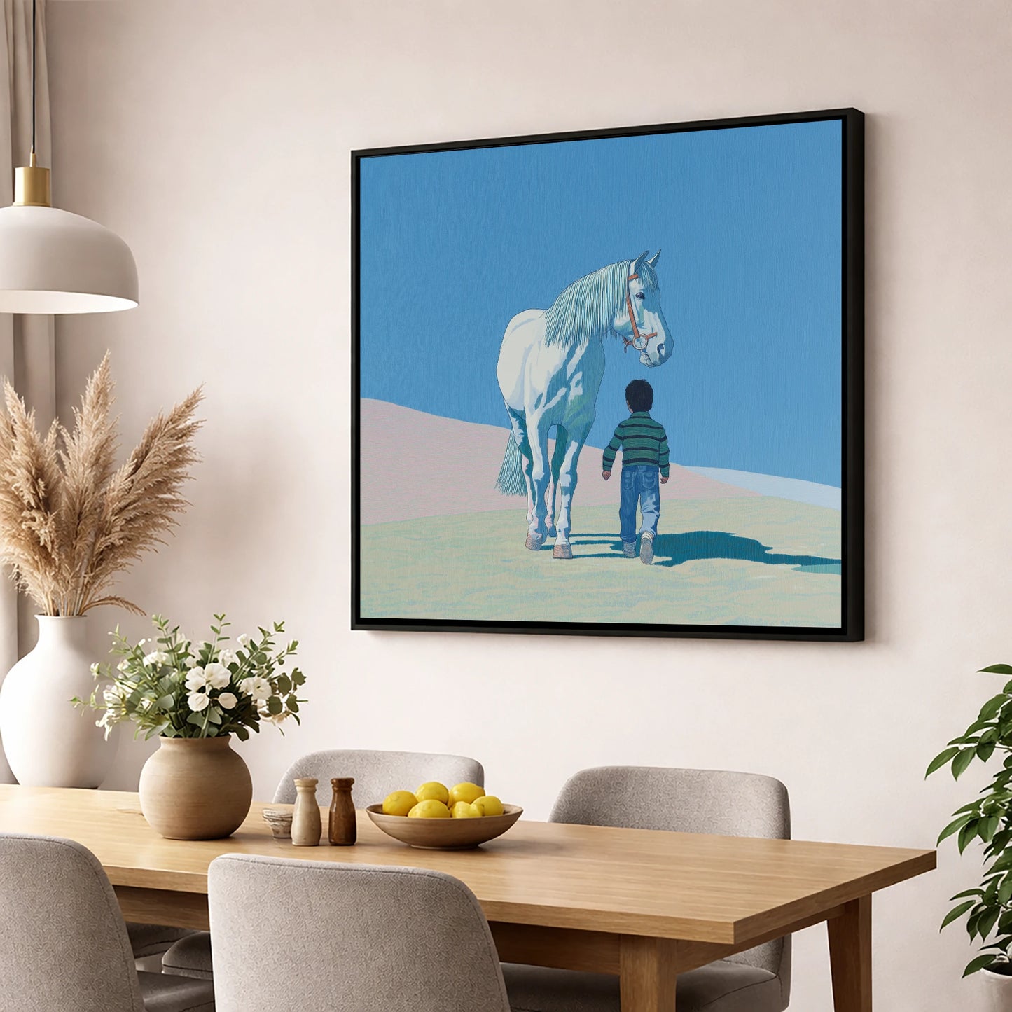 The Quiet Companion horse & rider wall art displayed in a dining room