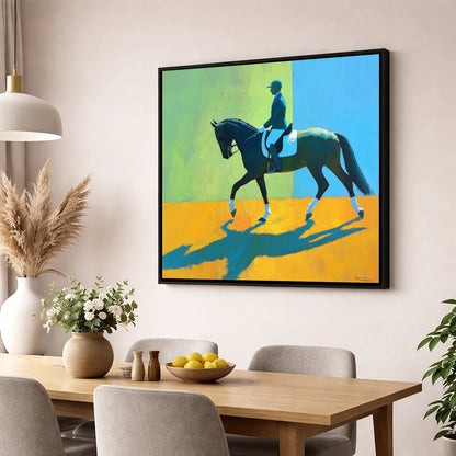 Precision in Sunlight dressage horse wall art displayed in a dining room