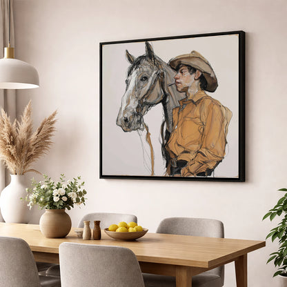 The Silent Bond western horse wall art displayed in a dining room