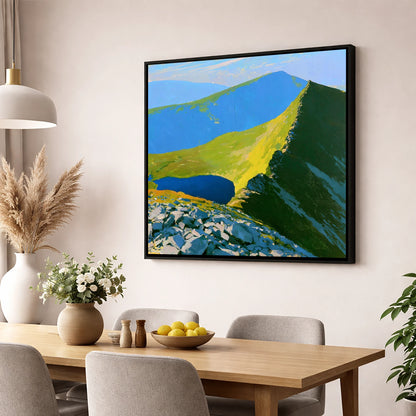 Vibrant Mountain Tarn Landscape horse landscape wall art displayed in a dining room