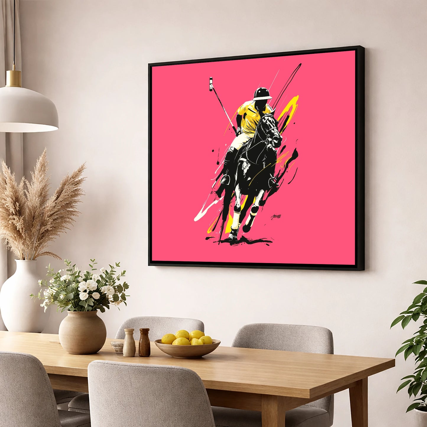 Velocity in Magenta polo horse wall art displayed in a dining room