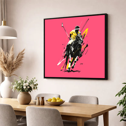 Velocity in Magenta polo horse wall art displayed in a dining room