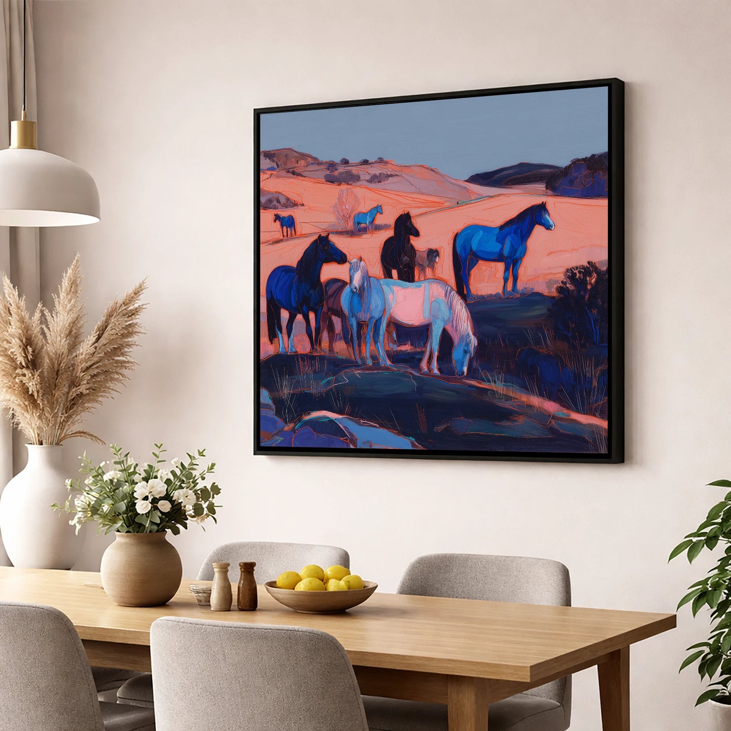 Indigo Herd at Dusk horse landscape wall art displayed in a dining room