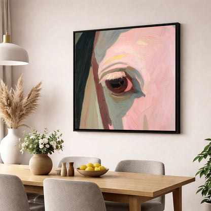 A Gentle Gaze horse portrait wall art displayed in a dining room