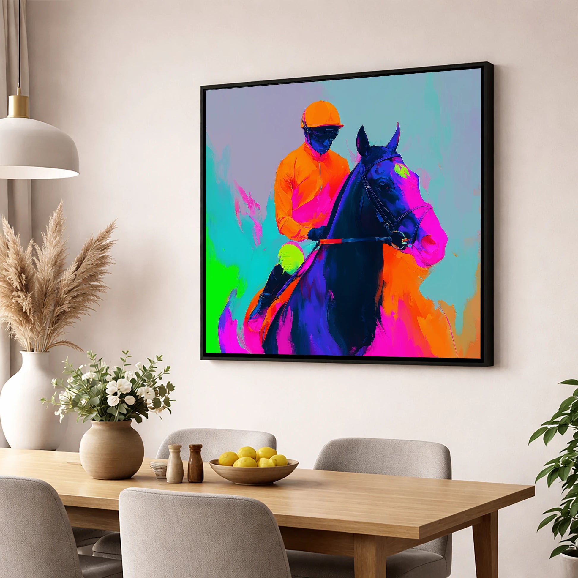 Technicolour Sprint racing horse wall art displayed in a dining room