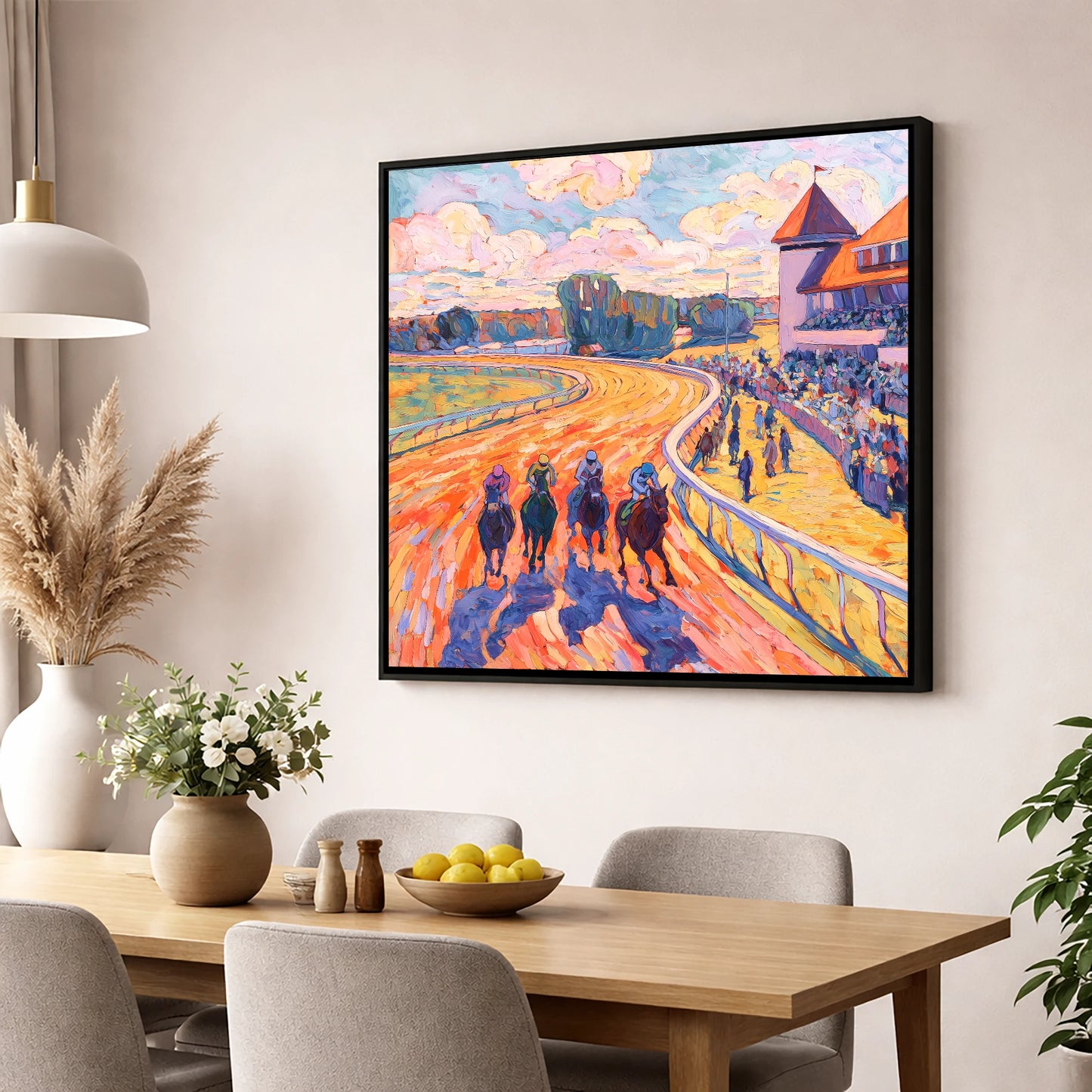 Colours of the Home Straight racing horse wall art displayed in a dining room