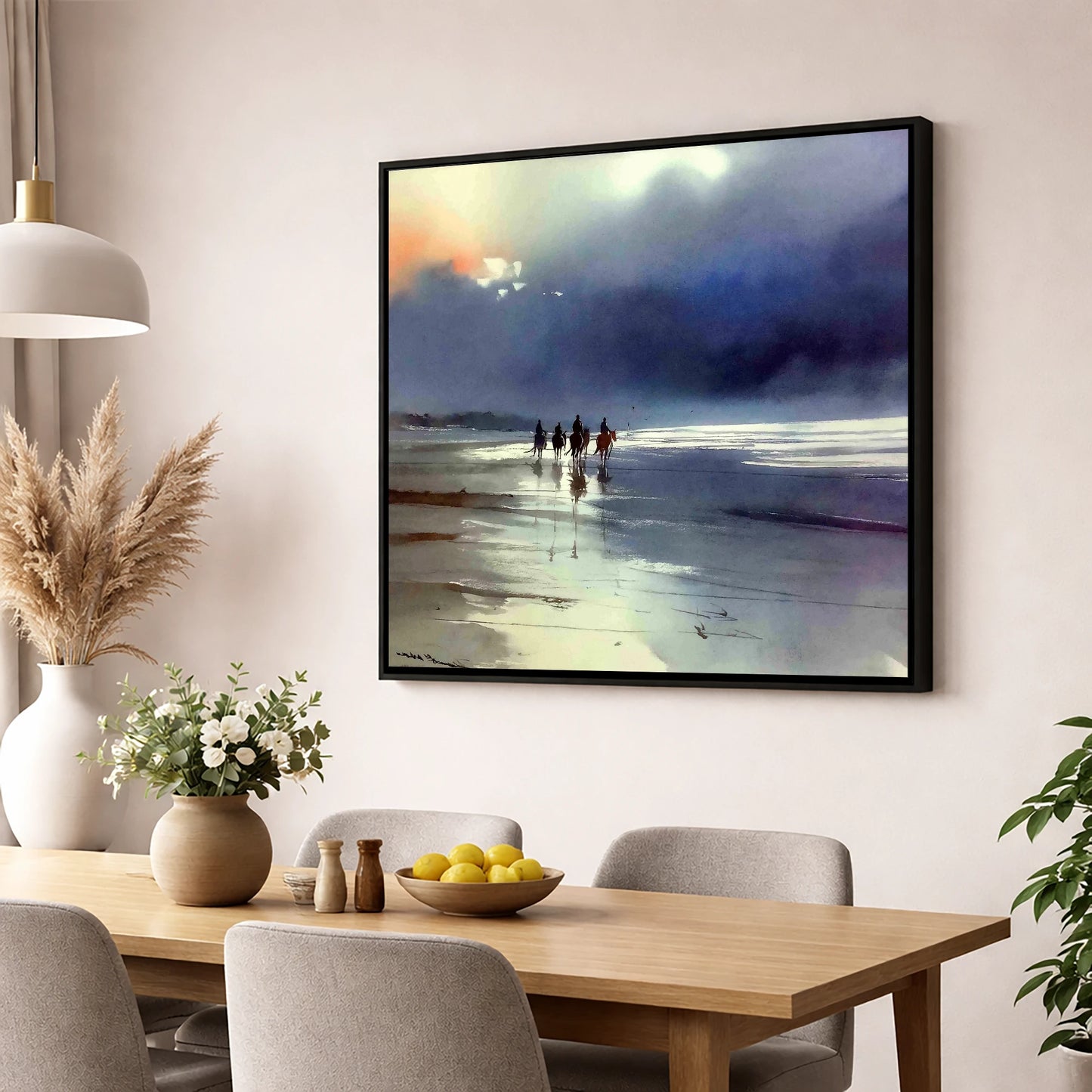Storm Light Beach Hack horse landscape wall art displayed in a dining room