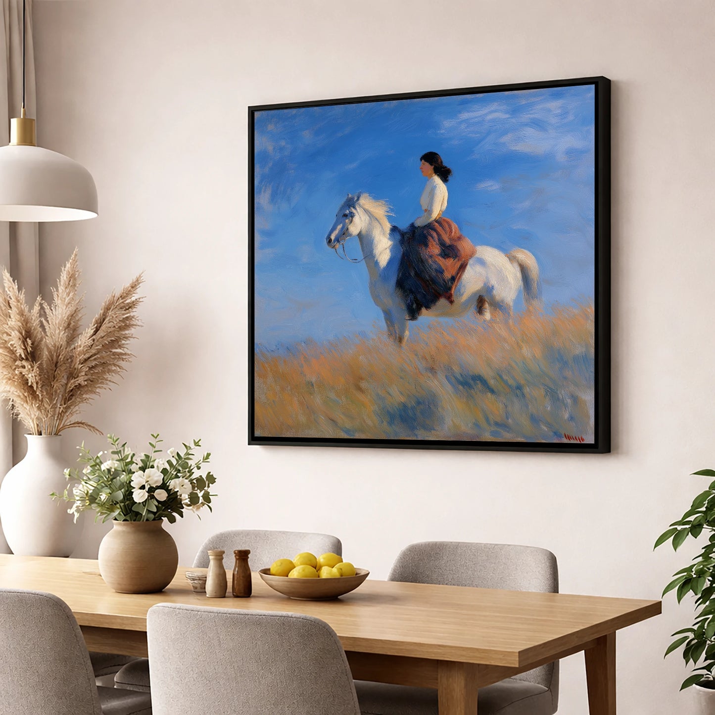 Across the Golden Fields horse & rider wall art displayed in a dining room