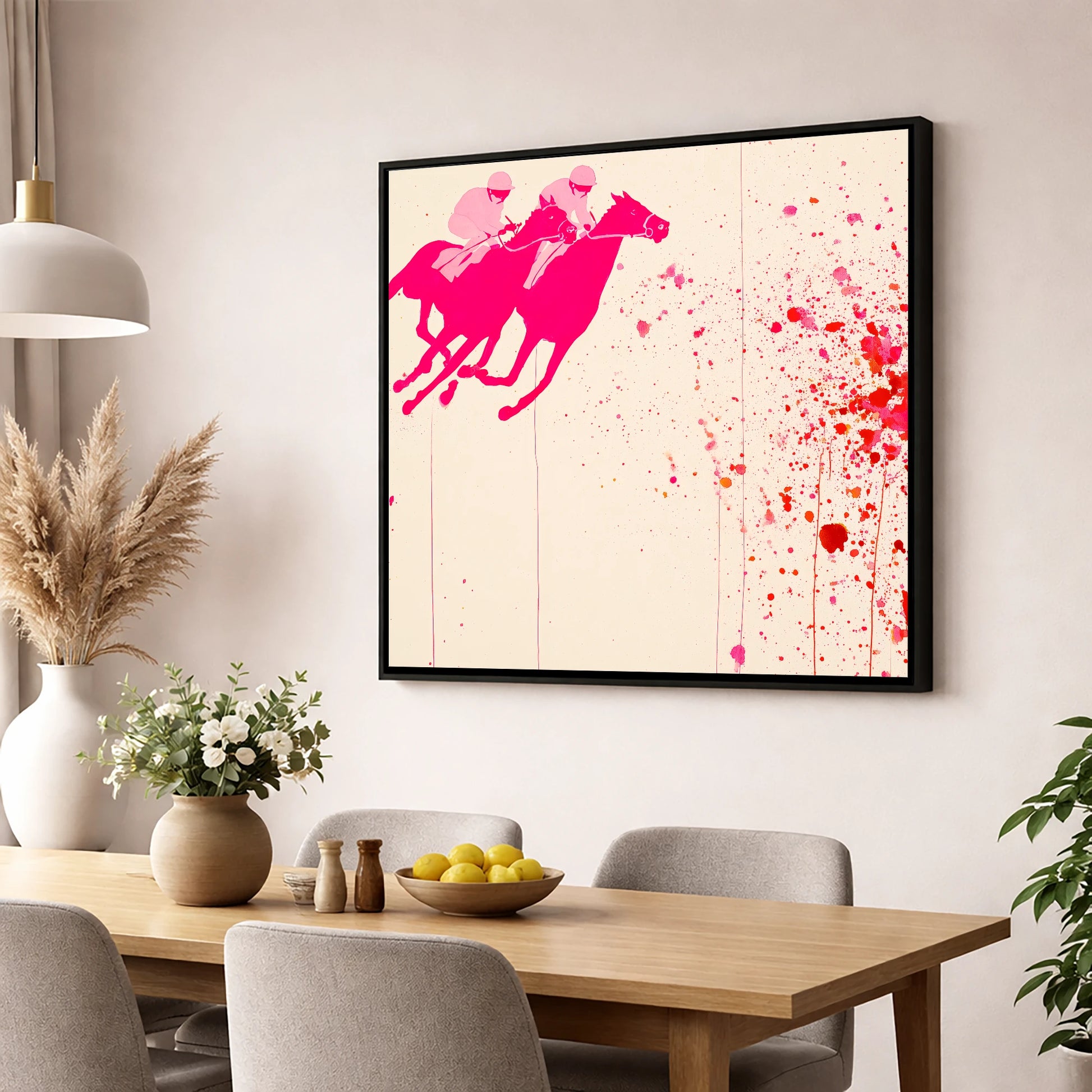 Vibrant Photo Finish racing horse wall art displayed in a dining room