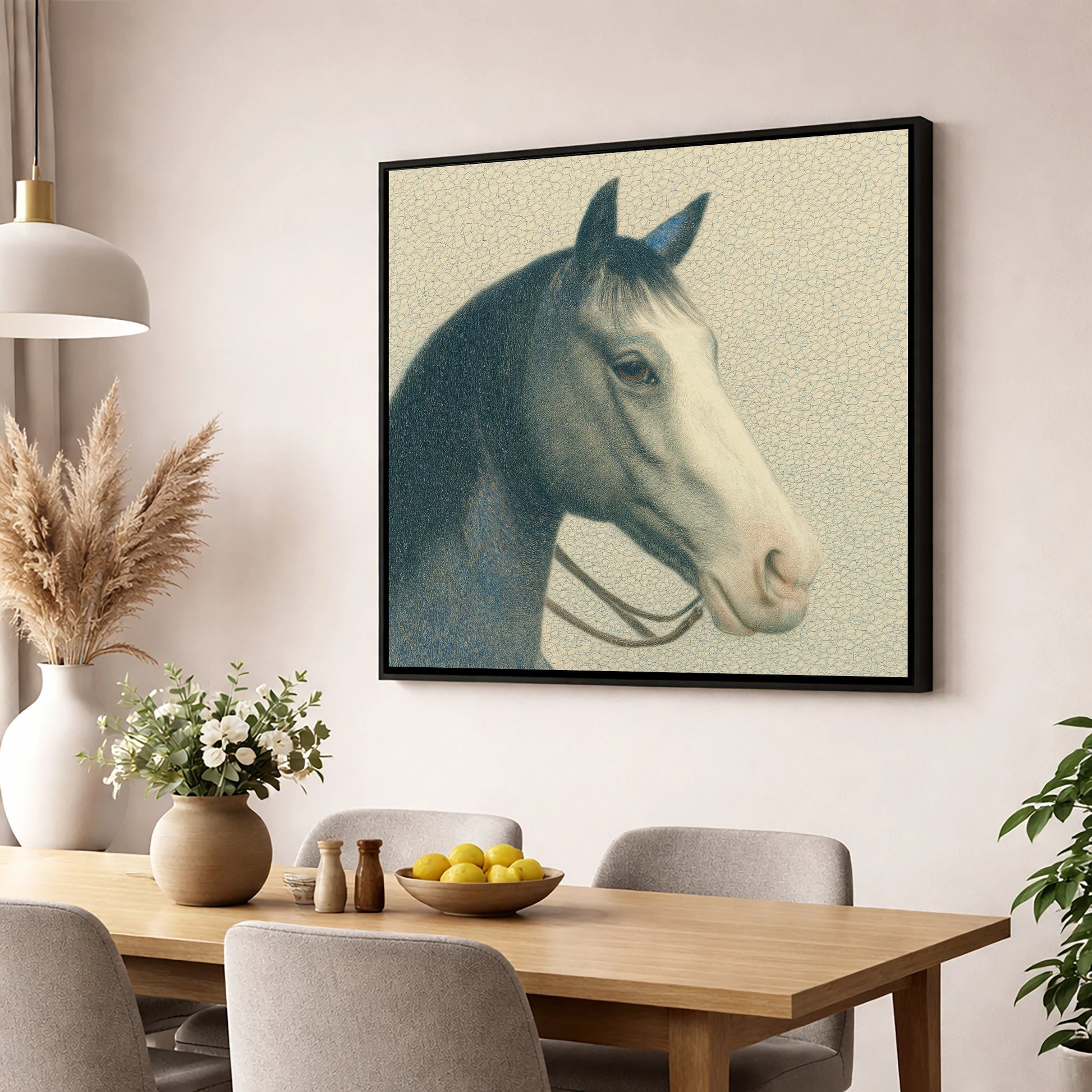 Noble Grey Portrait horse portrait wall art displayed in a dining room