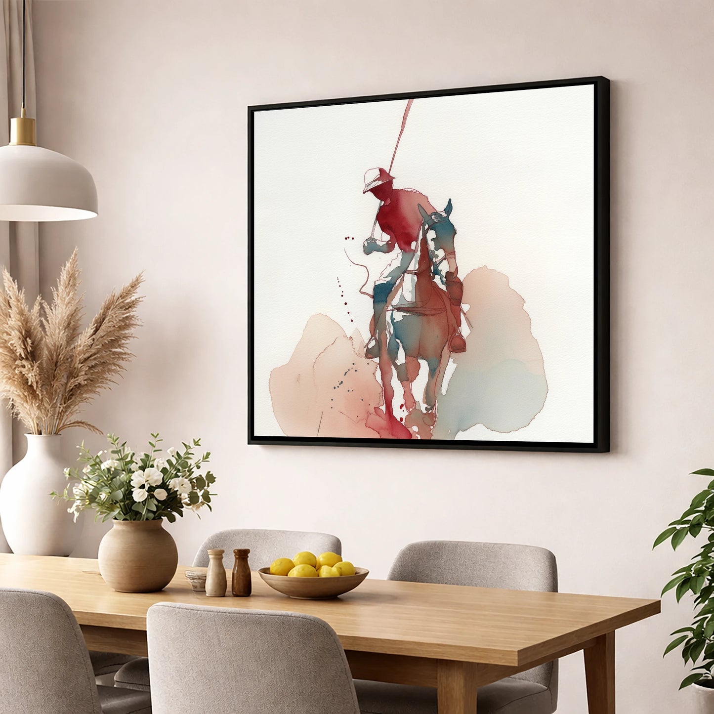 The Crimson Strike polo horse wall art displayed in a dining room