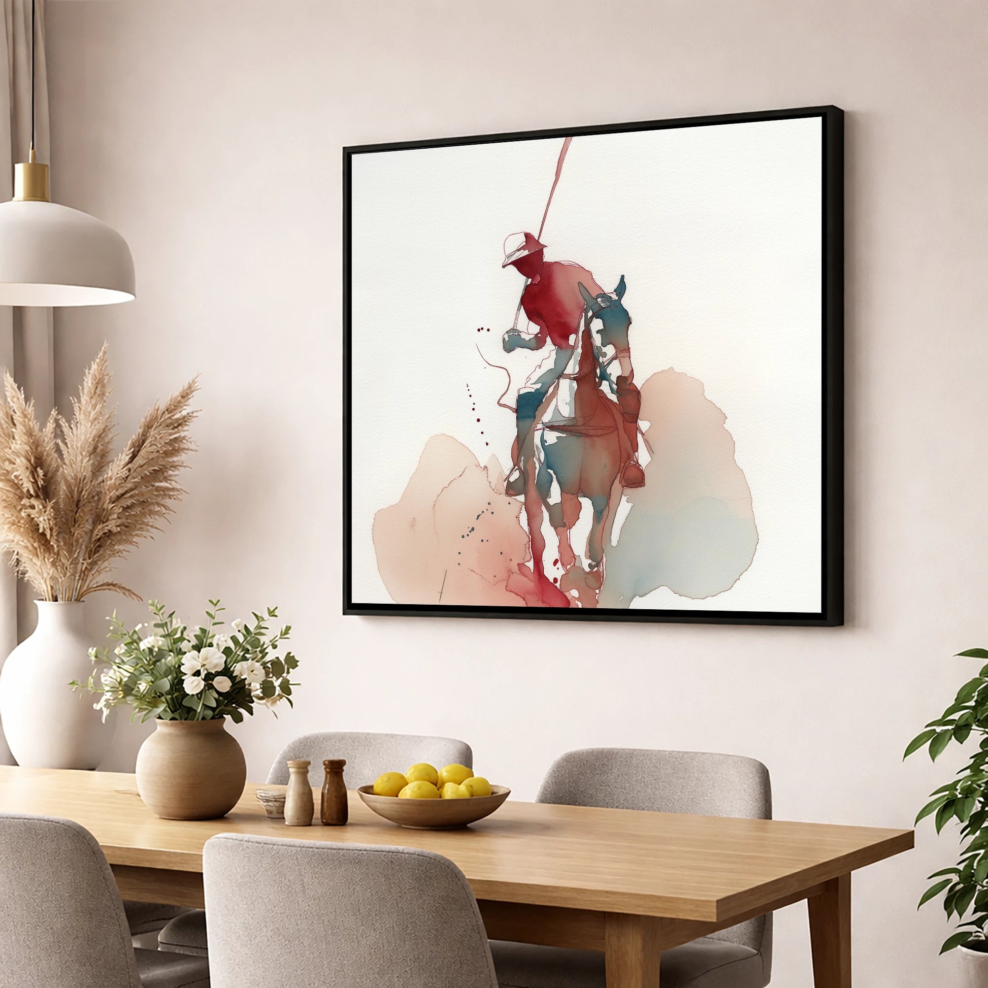 The Crimson Strike polo horse wall art displayed in a dining room