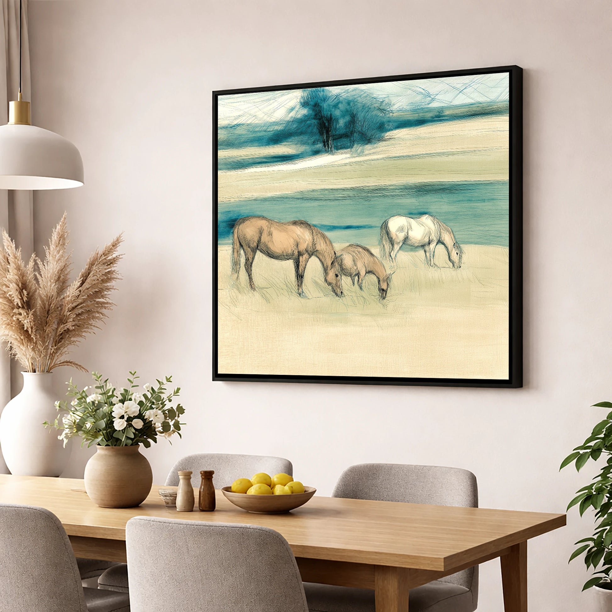 Tranquil Teal Pastures mare & foal wall art displayed in a dining room