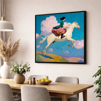 Skyward Bound show jumping horse wall art displayed in a dining room