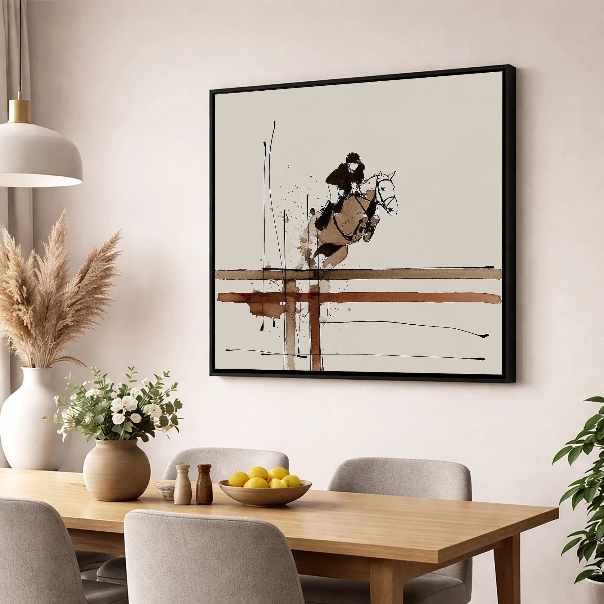 Fluidity of Flight show jumping horse wall art displayed in a dining room