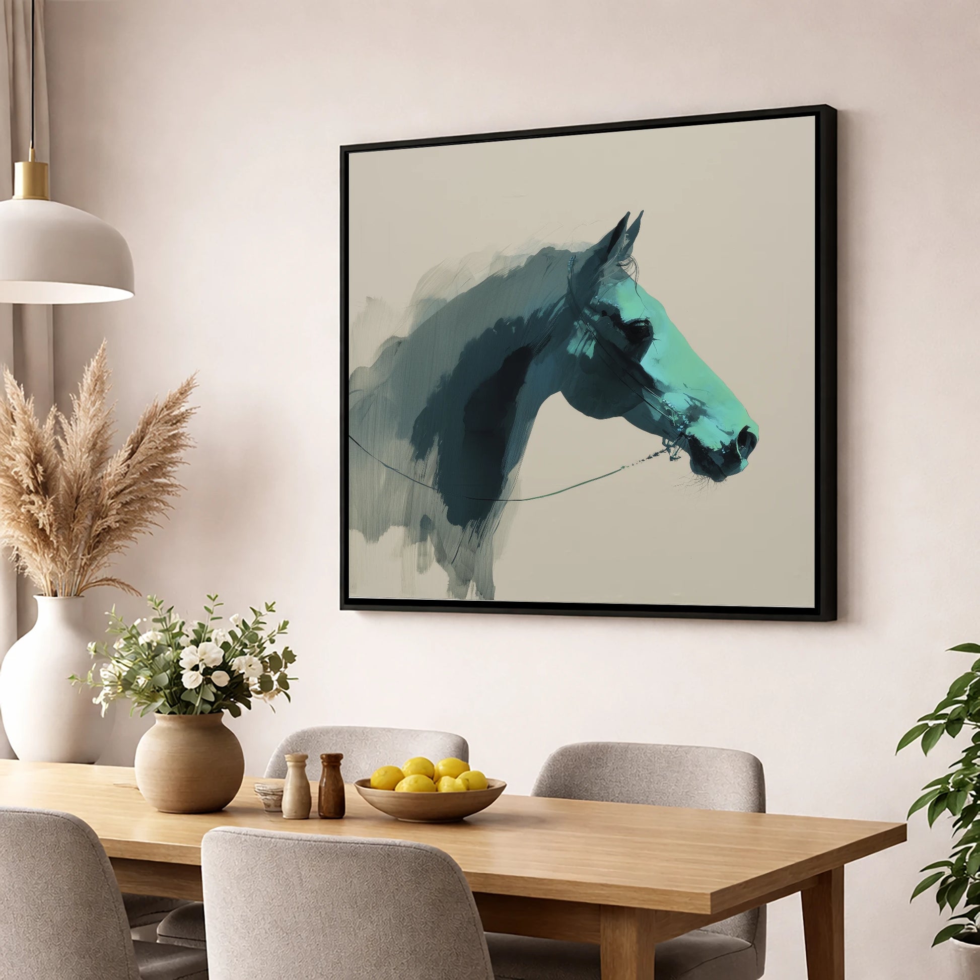 Teal Shadow Profile horse portrait wall art displayed in a dining room