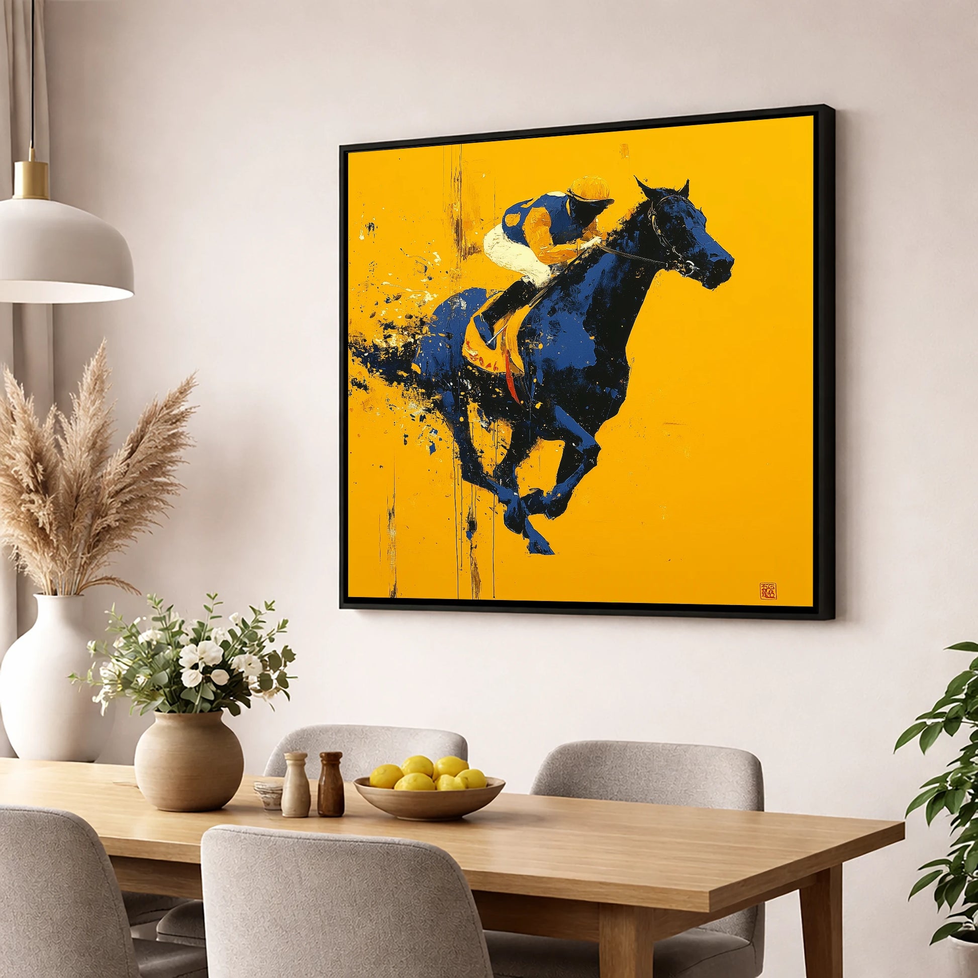 Midnight Pace on Gold racing horse wall art displayed in a dining room