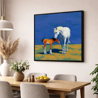 Sunlit Bond mare & foal wall art displayed in a dining room