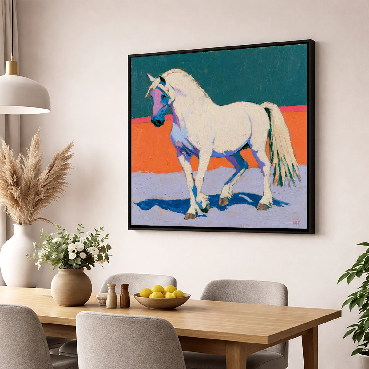 White Horse in Vivid Colours horse breed wall art displayed in a dining room