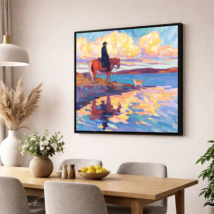 Evening Tide Halt beach horse wall art displayed in a dining room