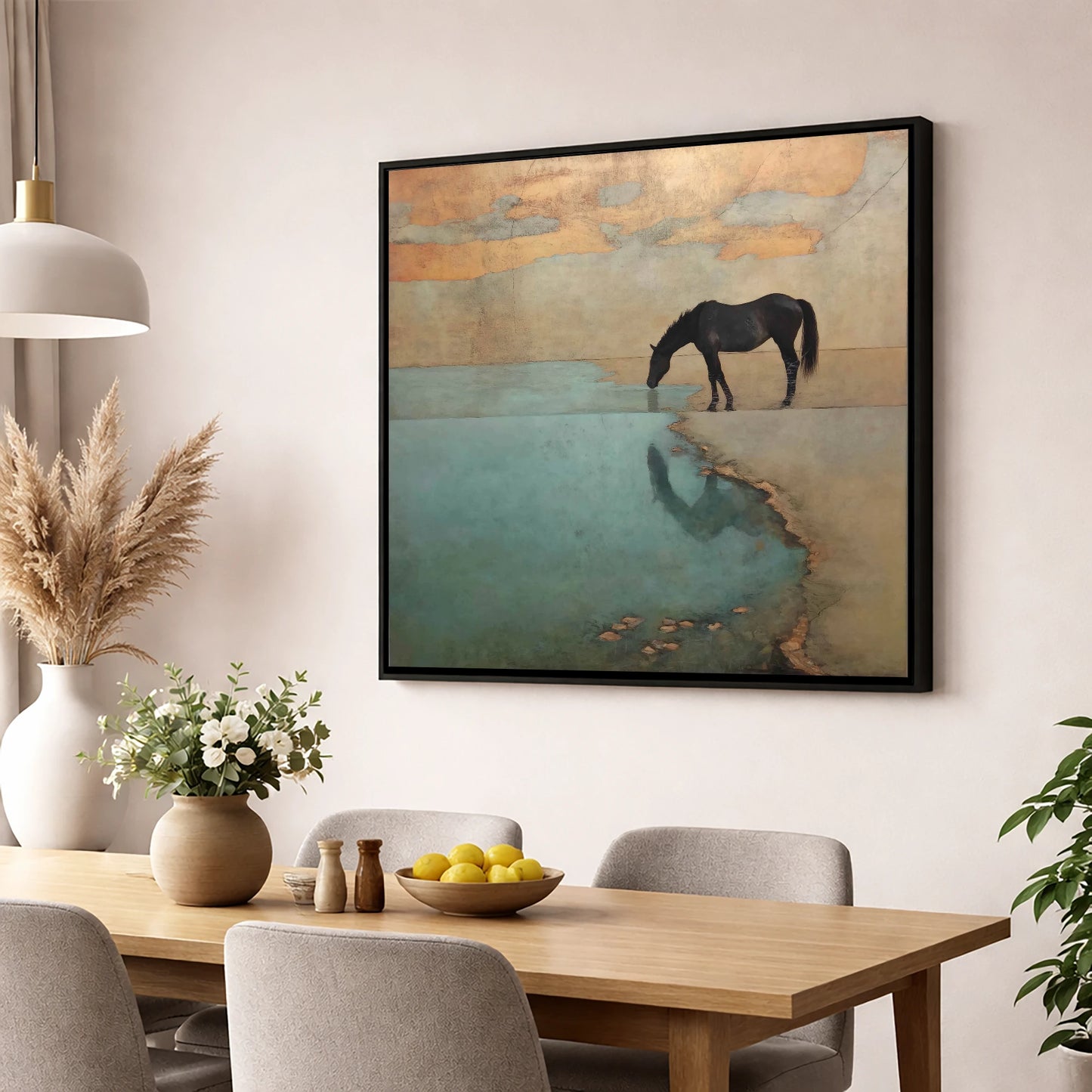 Golden Shores Reflection horse landscape wall art displayed in a dining room