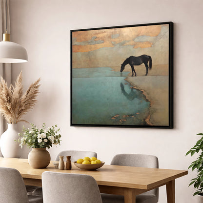 Golden Shores Reflection horse landscape wall art displayed in a dining room