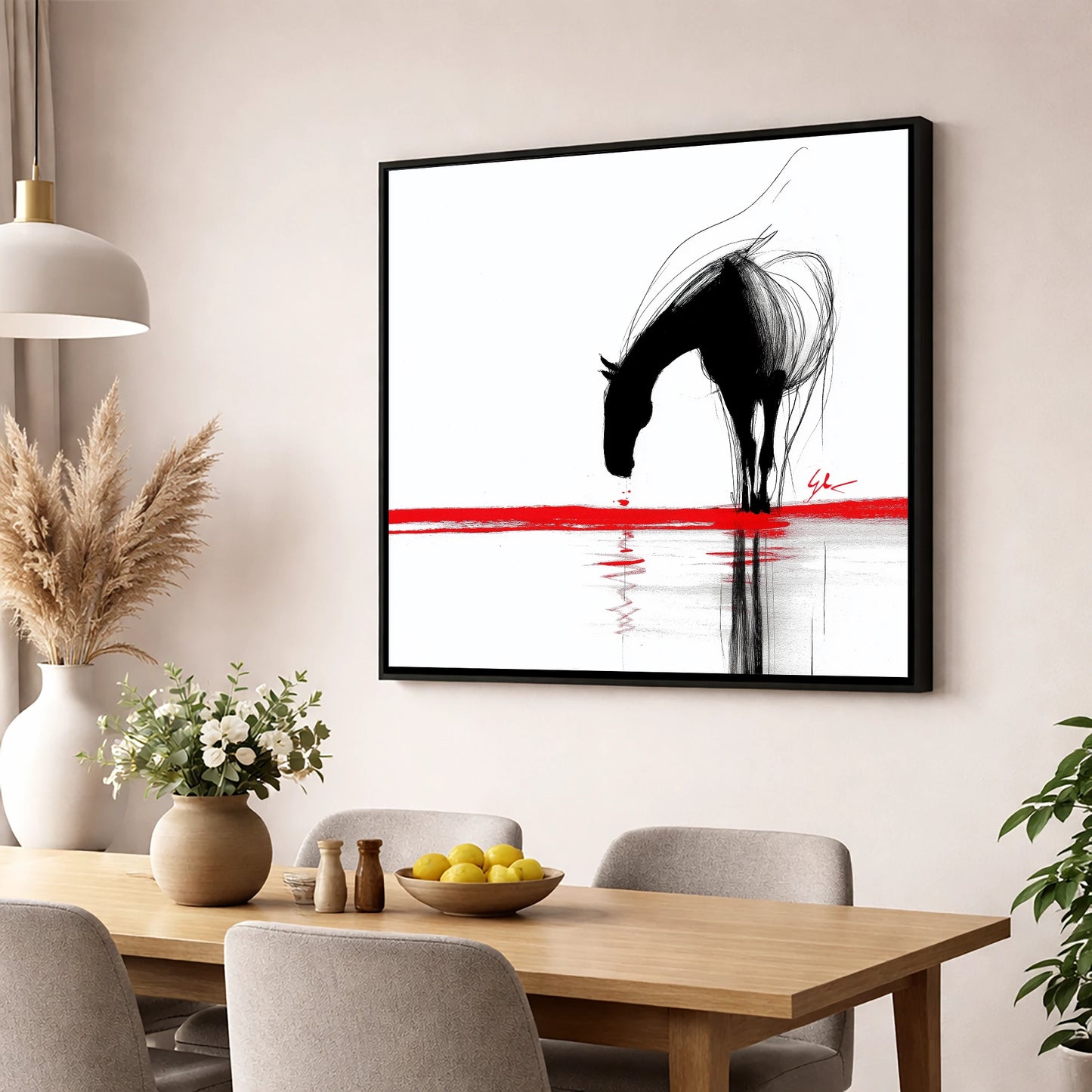 Crimson Reflection horse portrait wall art displayed in a dining room